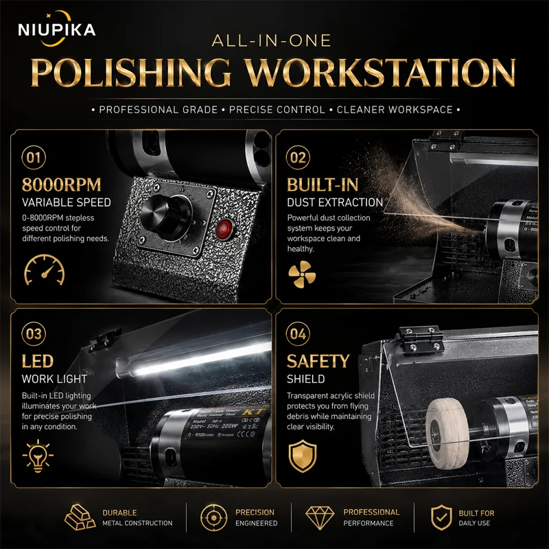 NIUPIKA Jewelry Polishing Station 200W Bench Buffer Polisher Lathe Machine 8000RPM Variable Speed with Dust Collector LED Light