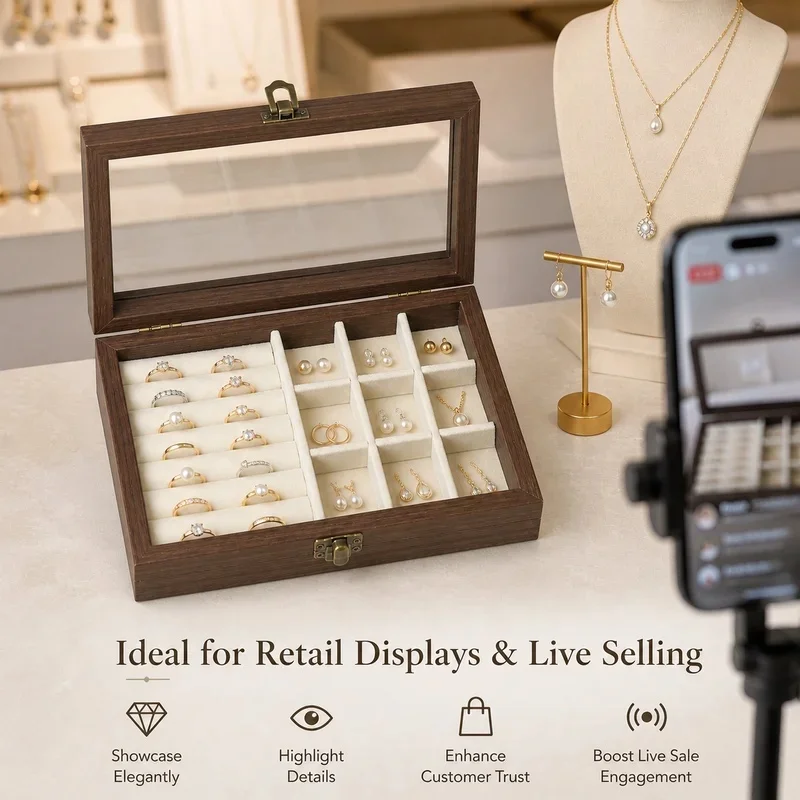 Bedroom Desktop Walnut Pattern Velvet Jewelry Organizer, Korean Hard Jewelry Storage Box for Necklace Earring Ring view 4