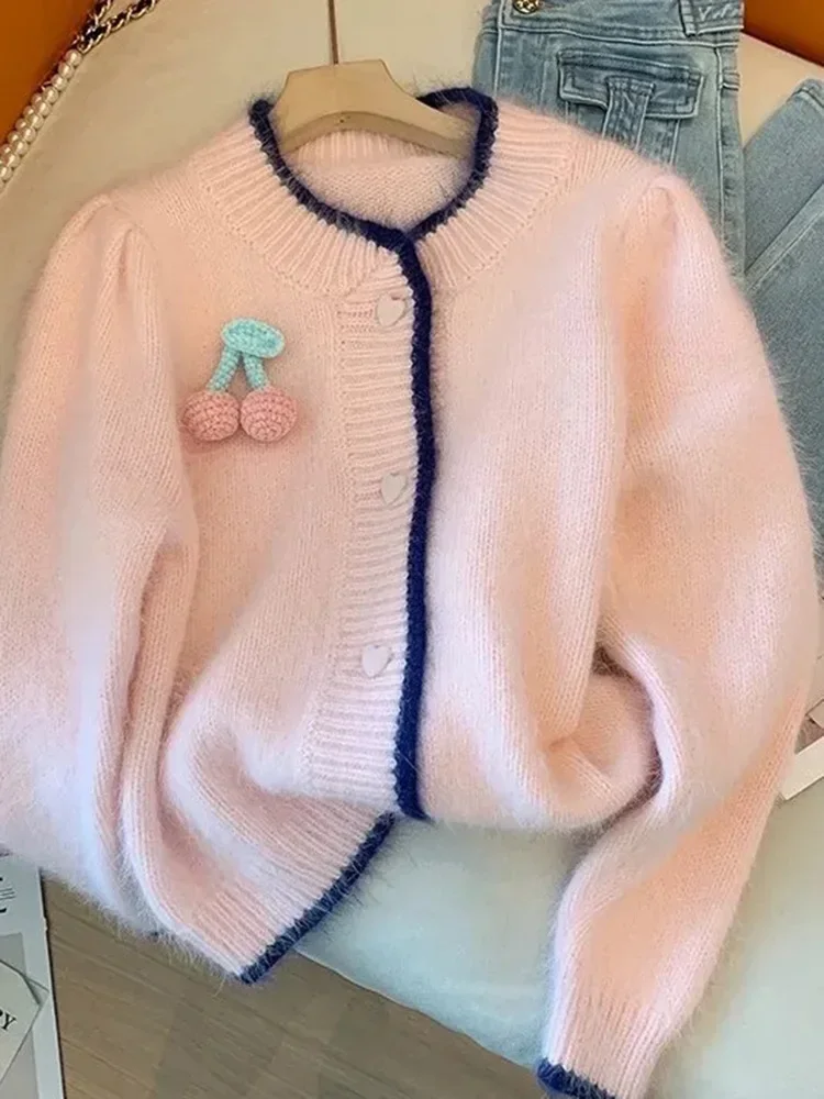 Maglioni cardigan rosa dolce ciliegia 3D Giappone Cappotto casual lavorato a maglia a maniche lunghe Chic O Collo Stile preppy Top eleganti Capispalla