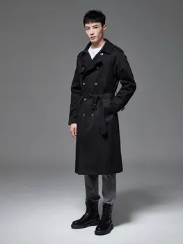 Men's 6XL Belted British-Style Trench Coat 6 British Style Mens Belt Long Trench Coat Loose Fit Double Breasted Windbreaker Autumn Waterproof Outerwear Overcoat Big Size 6XL 6