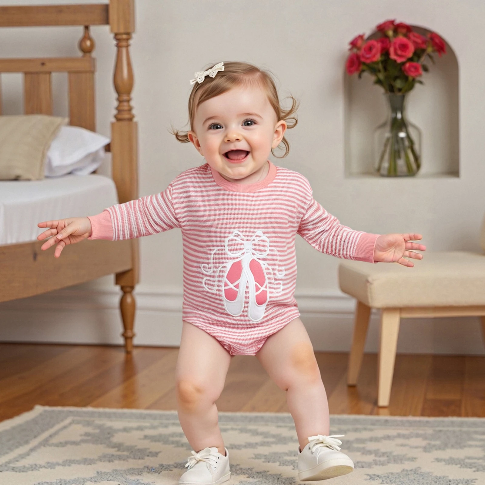 

Autumn Fashion Baby Girls Romper Stripe Print Ballet Shoes Bow Embroidery Long Sleeve Jumpsuit Newborn Clothes