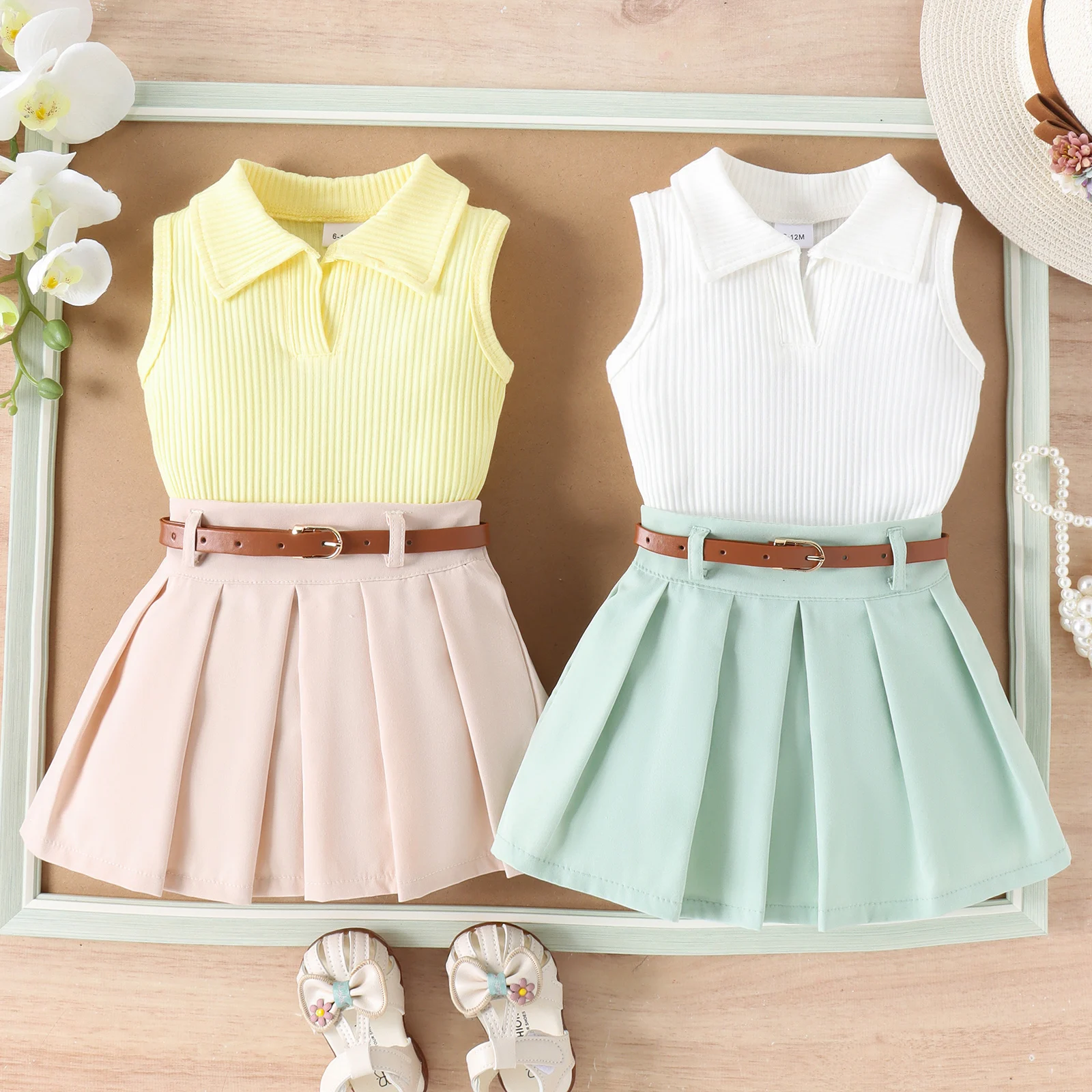 2PCS Summer Baby Girls Comfortable Simple Beautiful Multi-Color Pit Strip Lapel Vest Top + Pleated Skirt Fashion Suit