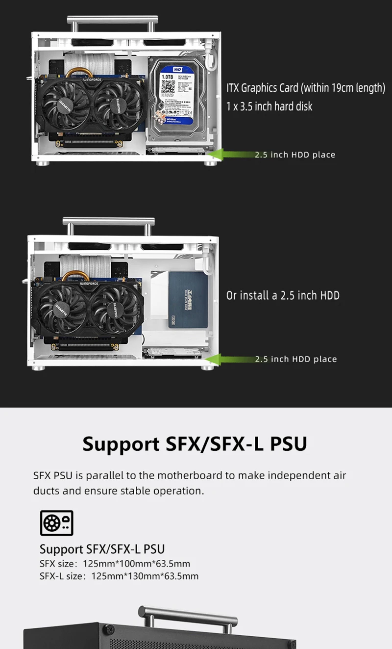 METALFISH T60 Mini ITX Schwarzes Gehäuse 9L Gaming-Computergehäuse Kompakter transparenter PC-Unterstützung SFX PSU/300 mm GPU – Detail 11