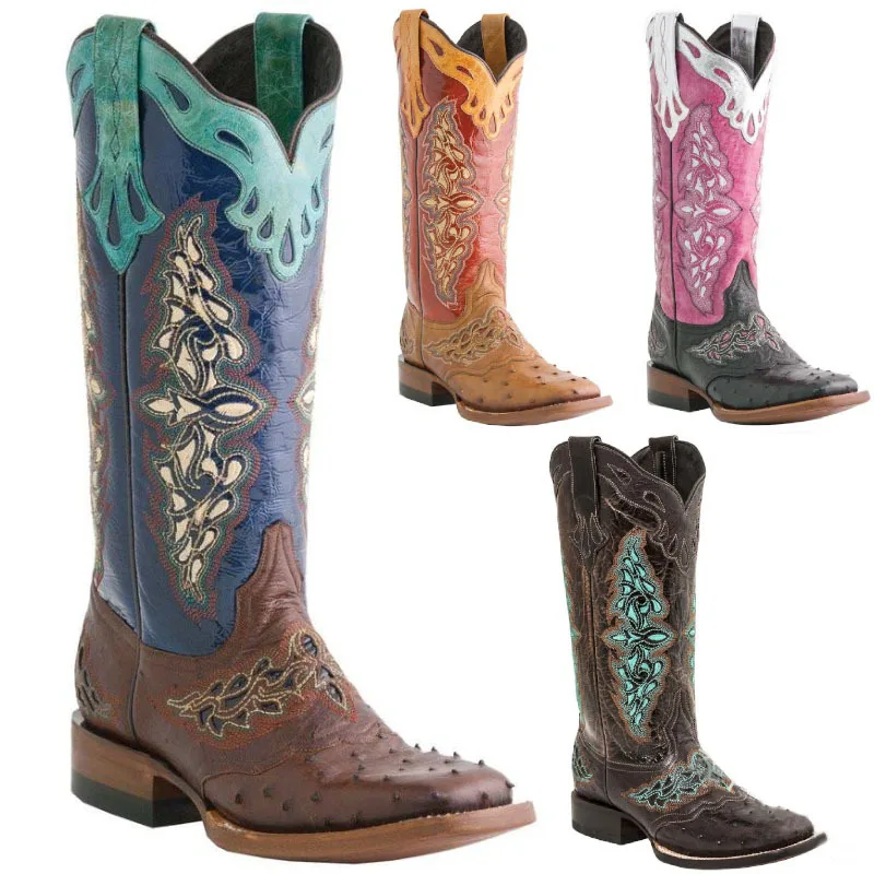 

Colorful Embroidered Western Cowboy Boots Intricate Pattern Block Heel Bold Bohemian Style for Casual Autumn/winter Fashion Look