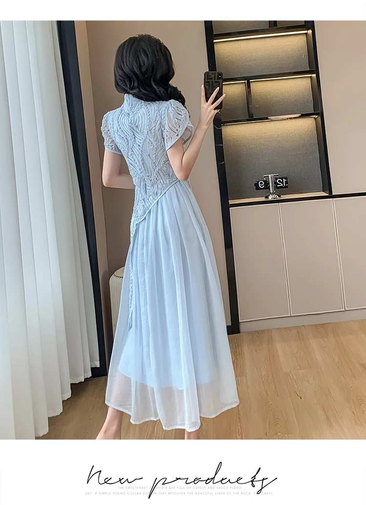 Women Fashionable New Cheongsam Blue Apricot Advanced Dress Qipao Improvement New Chinese Style Elegant Dresses Summer