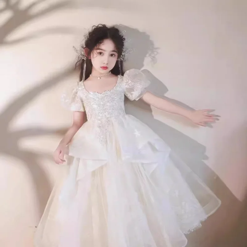 

Girls' High-End Princess Dress Wedding Flower Girl Birthday Little Host Children's Show Piano Performance Puffy Dress
