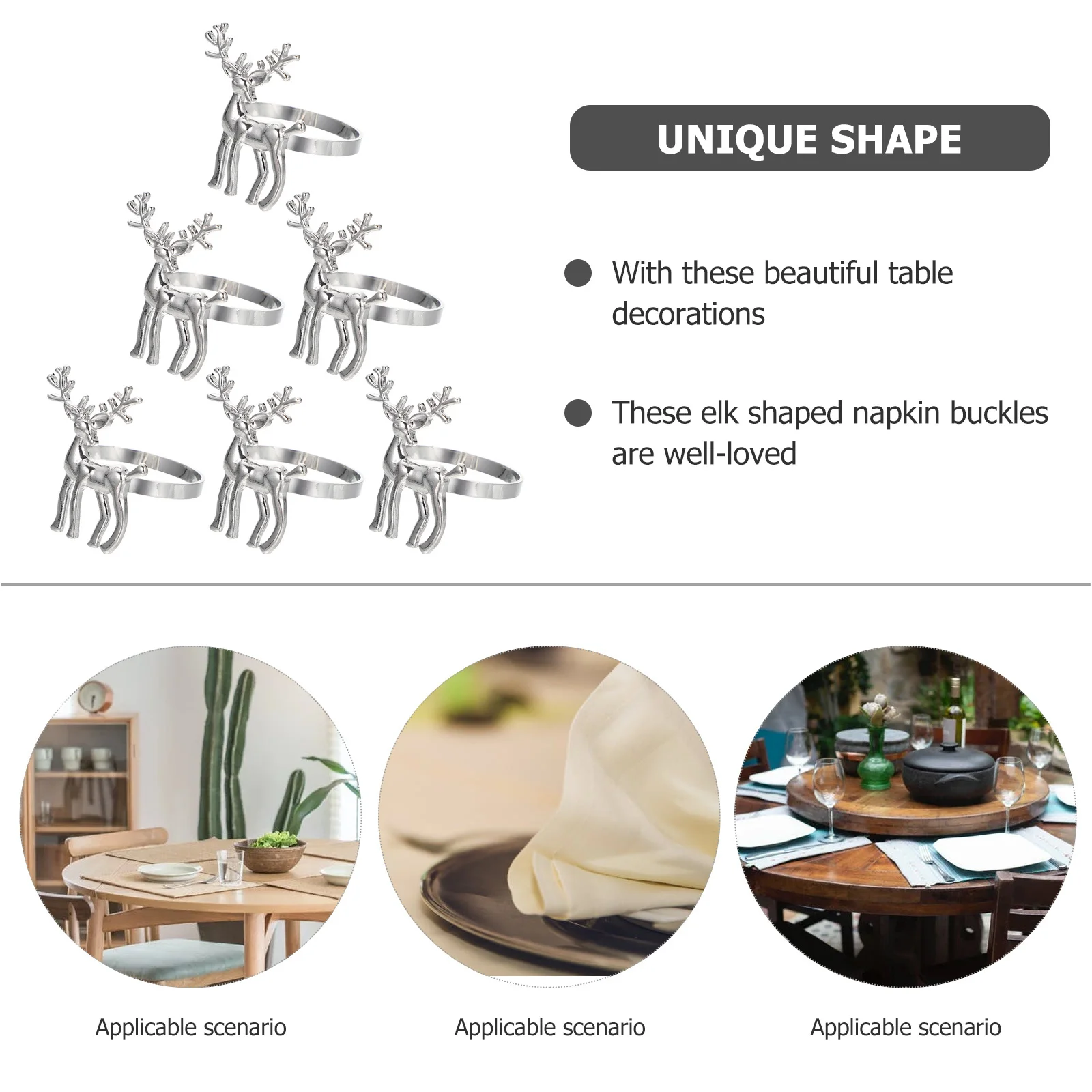 

6Pcs Metal Napkin Rings Elk Design Festive Tableware Adornments for Xmas Party Wedding Events Napkin Buckles Home Kitchen Decor