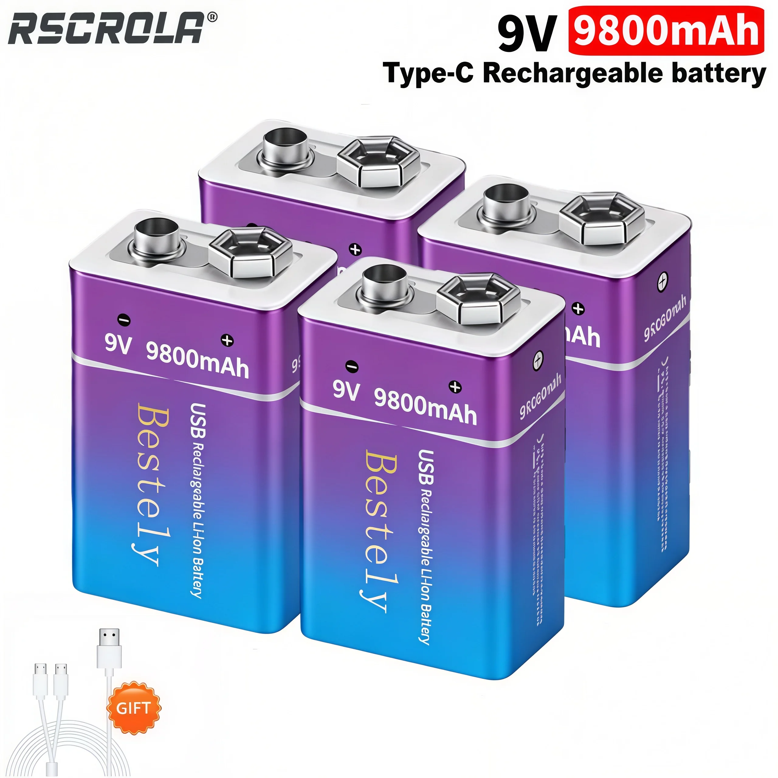 Bestely 9800mAh 9V rechargeable battery w/USB Cable for Smoke Alarm, Mic, Wireless Device - Long Lasting Power