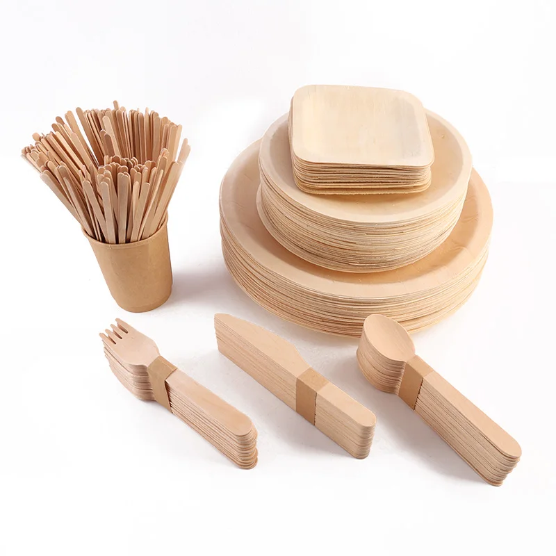 

Disposable bamboo board set and wooden cutlery (forks, knives, spoons) Wooden boards for school classroom parties