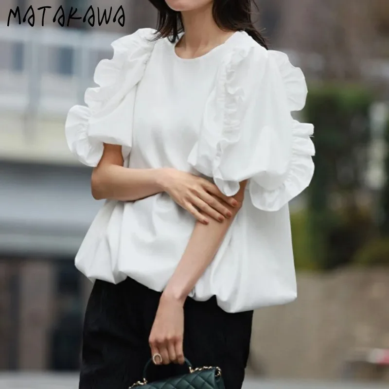 Matakawa Ruffles Puff Sleeve Women Shirts&blouses Solid Spring Summer Japanese Style Blusas Mujer Vintage Elegant Camisas