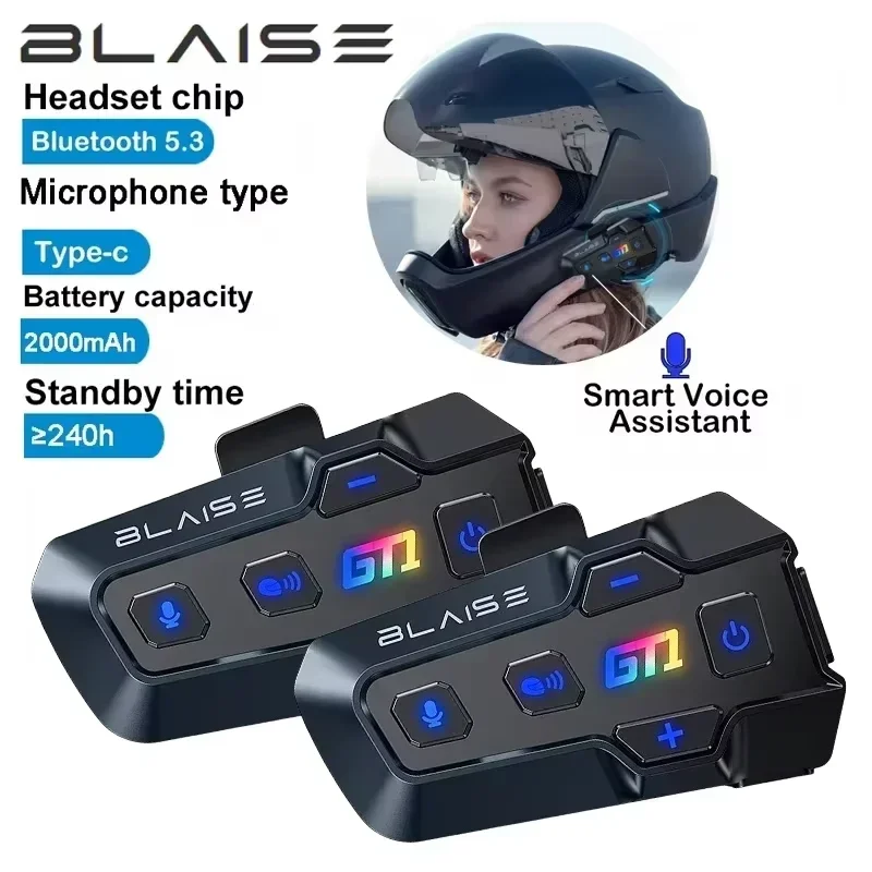 BLAISE GT1 Motorcycle Bluetooth Intercom Music Sharing 1000m 2 Riders Group Helmet Communication Speaker Headset Interphone