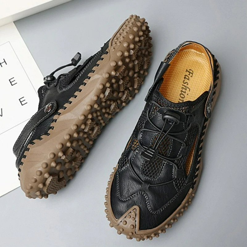 Summer Men Sandals Leather Casual Shoes 2025 New Hollow Out Roman Sandals Outdoor Slip on Beach Shoes Handmade Soft Sole Sandals