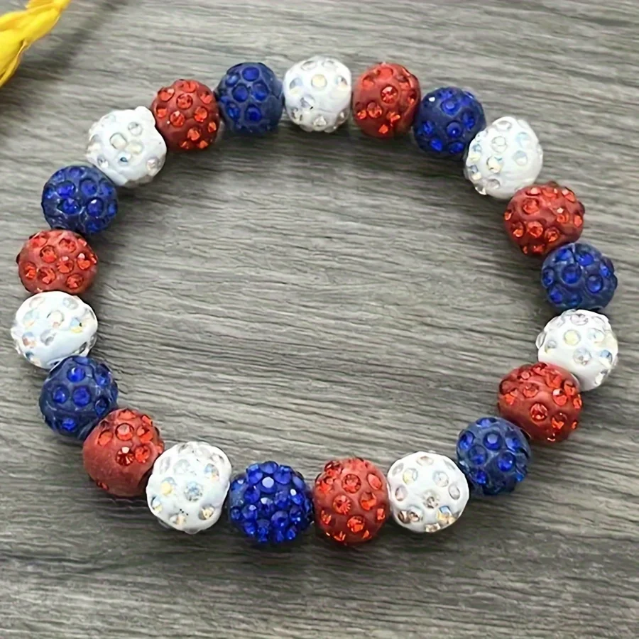 Vedawas Patriotic Bohemian Handcrafted Shamballa Beaded Bracelet, Resin Rhinestone,Independence Day women Jewelry Accessory