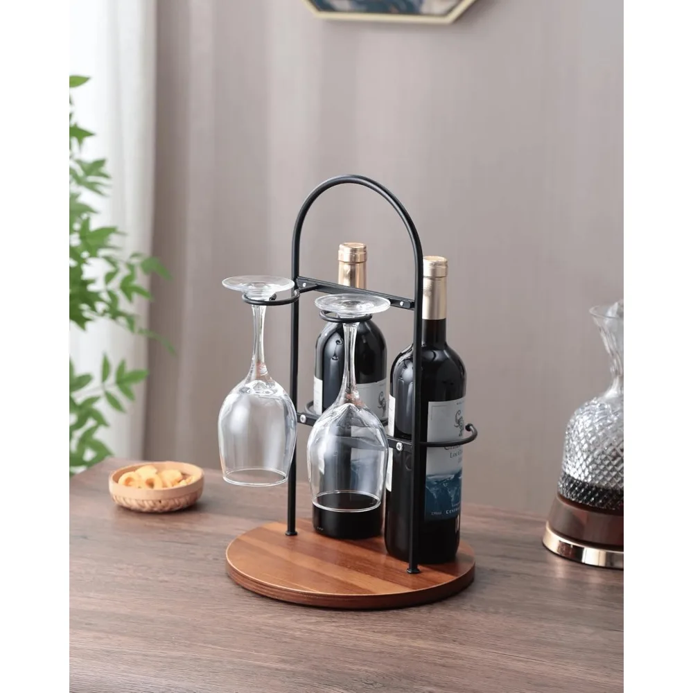 زجاجة نبيذ وحامل زجاجي للكونترتوب |   رف نبيذ صغير لزجاجتين و2 كوب |   تخزين النبيذ الحديث على سطح الطاولة مع جولة