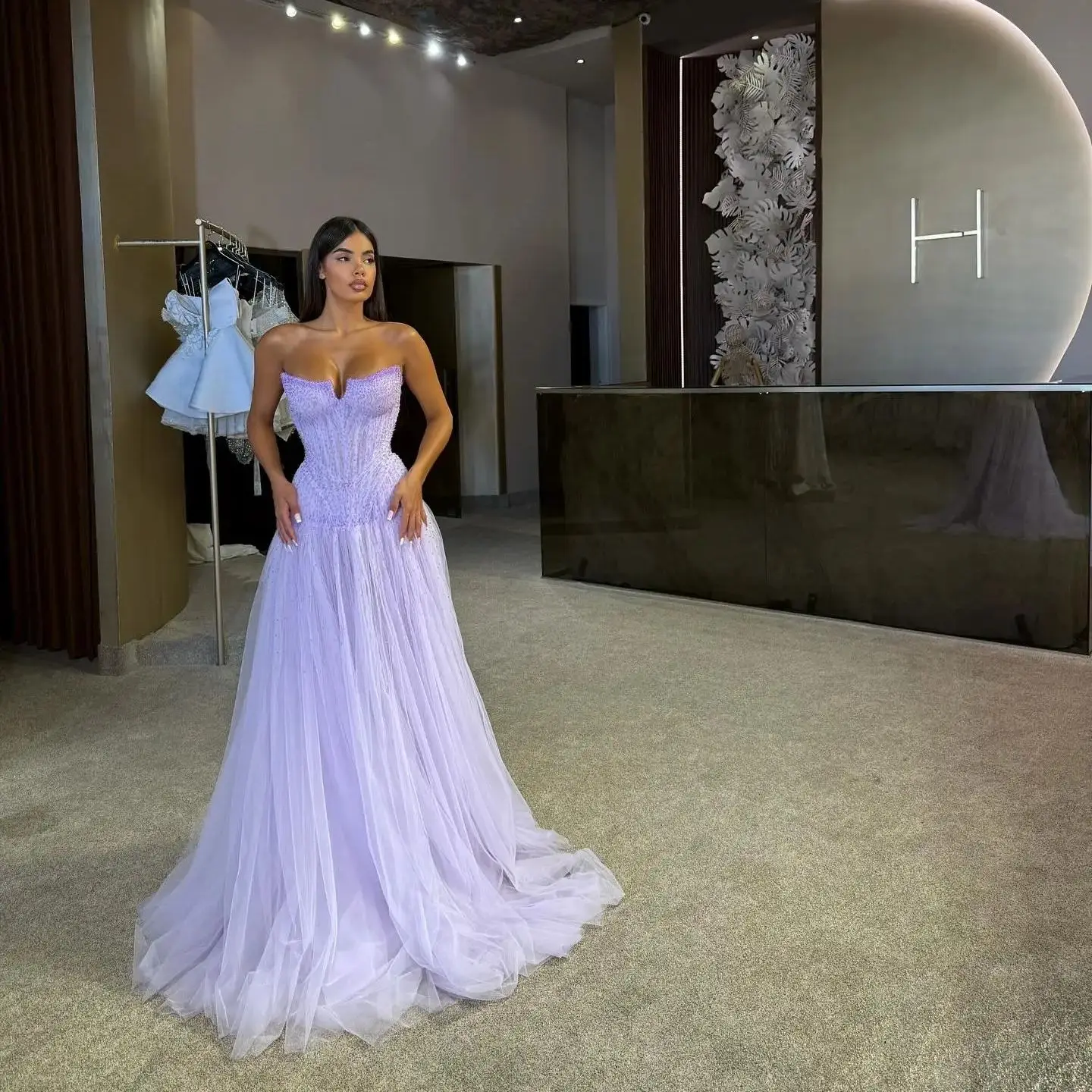 Illusion Light Purple Evening Dresses A Line Sweetheart Glitter Vestido de Noche Customized Sequines Tulle Prom Party Dress