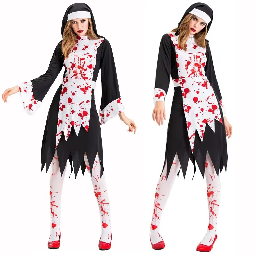 Disfraz de monja zombi de anime, con efecto de sangre que gotea, para cosplay, con manchas de sangre de vampiro, para mujeres, ideal para fiestas de Halloween y carnavales.