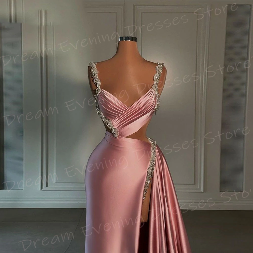 Robe de soirée sirène rose pour femme, tenue gracieuse, moderne, bretelles spaghetti, en fibre, perlée, sexy, fendue