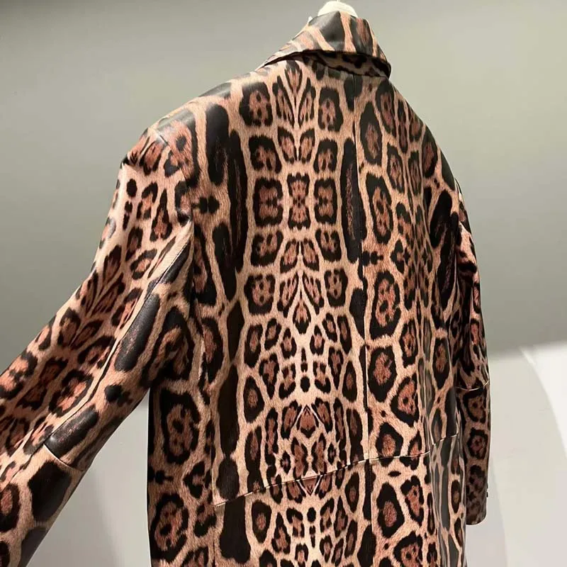 Genuine Leather Women Turn-Down Collar Clothes Leopard Print Casual Jacket Regular Length Luxury Fashion Sheepskin Coat Spring