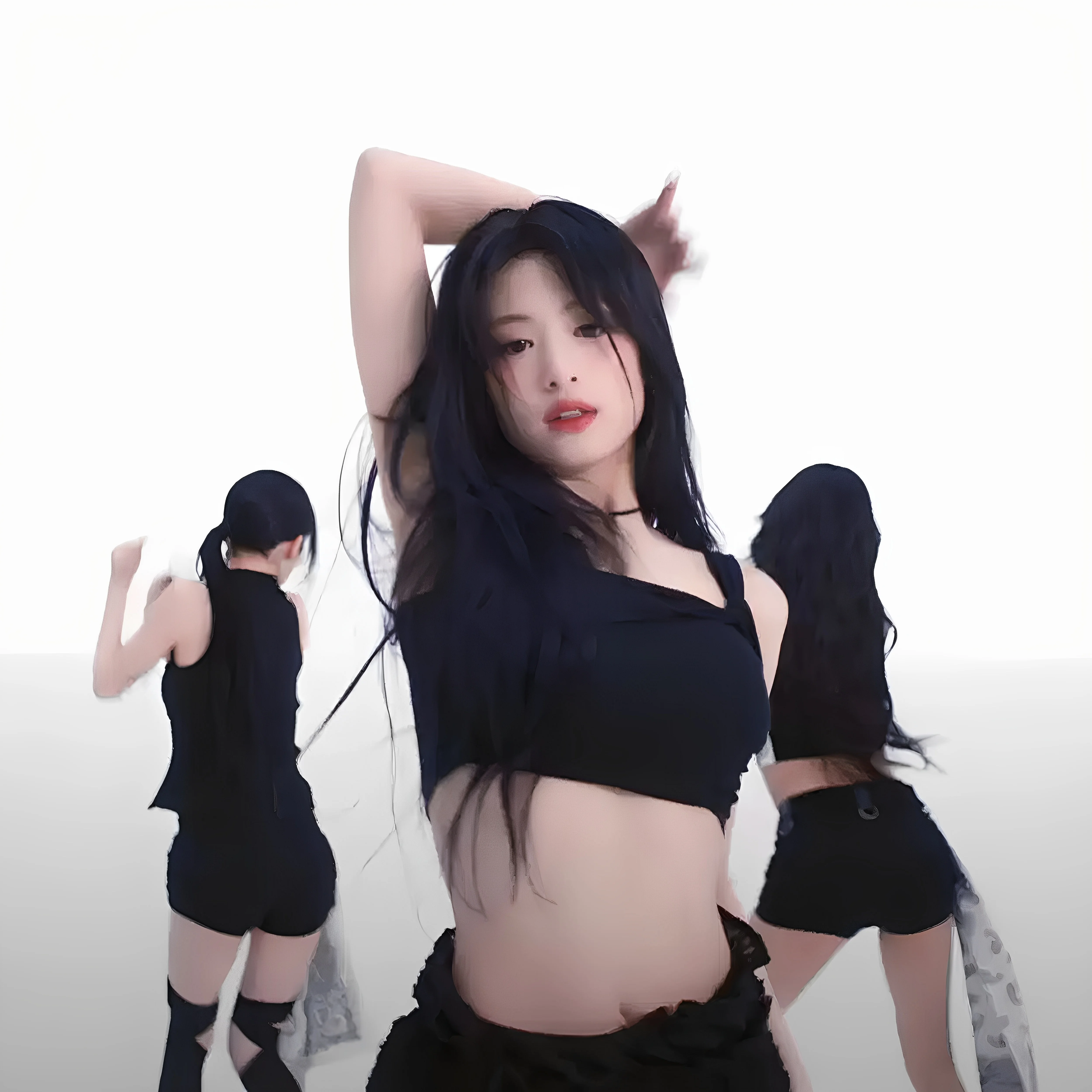 

Black Asymmetrical Shoulder Crop Top And Skirt Set Stage Performance Outfit by BabyMonster Zheng YaXian Trendy Ladies' Wear