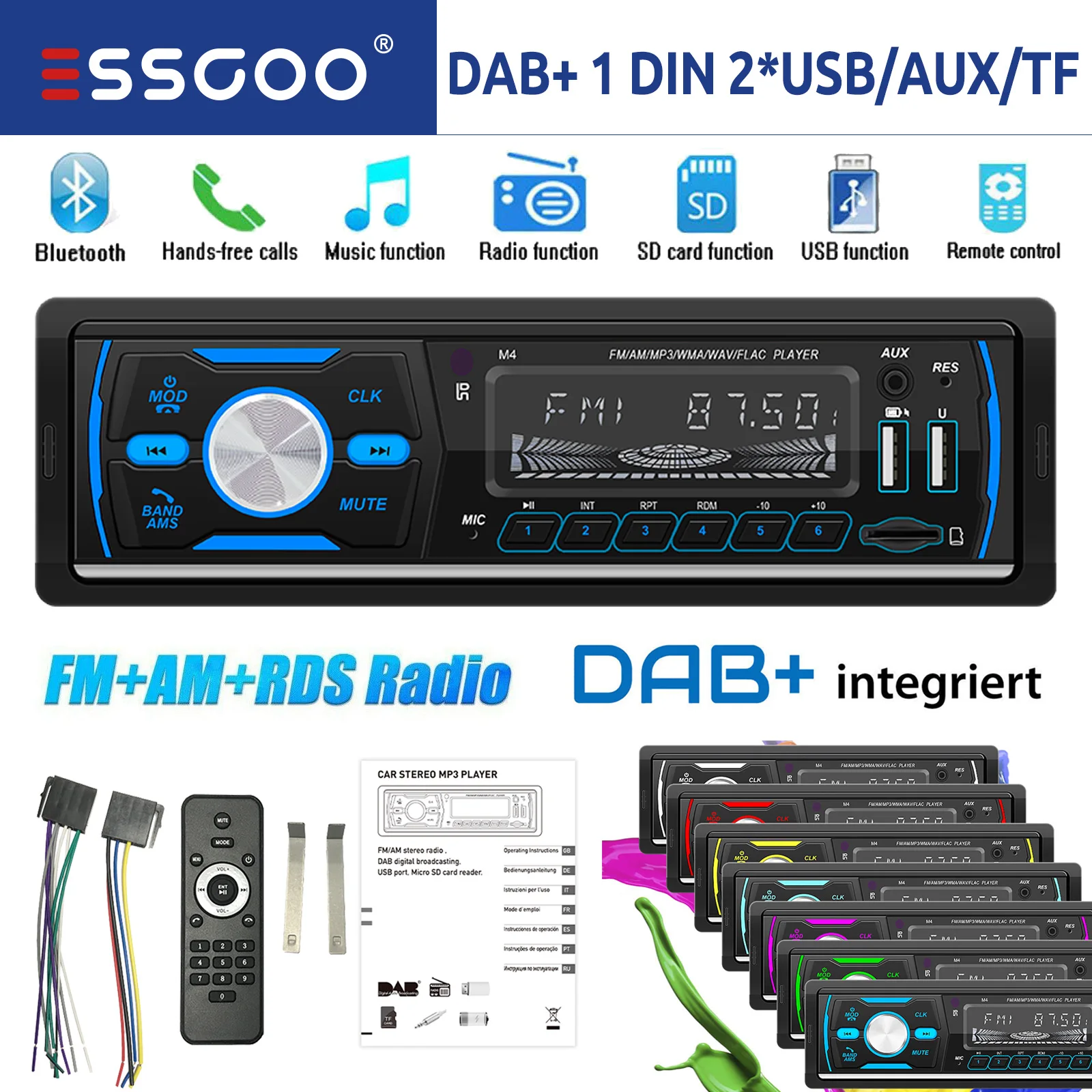 ESSGOO Autoradio Single 1 DIN mit Bluetooth-Freisprechsystem, MP3-Player, USB, SD, AUX IN, TF, AM/FM, RDS mit 7 LED-Farbbeleuchtung