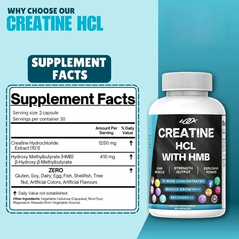 HCL+HMB Creatine Capsules | 60 Capsules of 410mg HMB and 1250mg Creatine Hydrochloride Per Serving