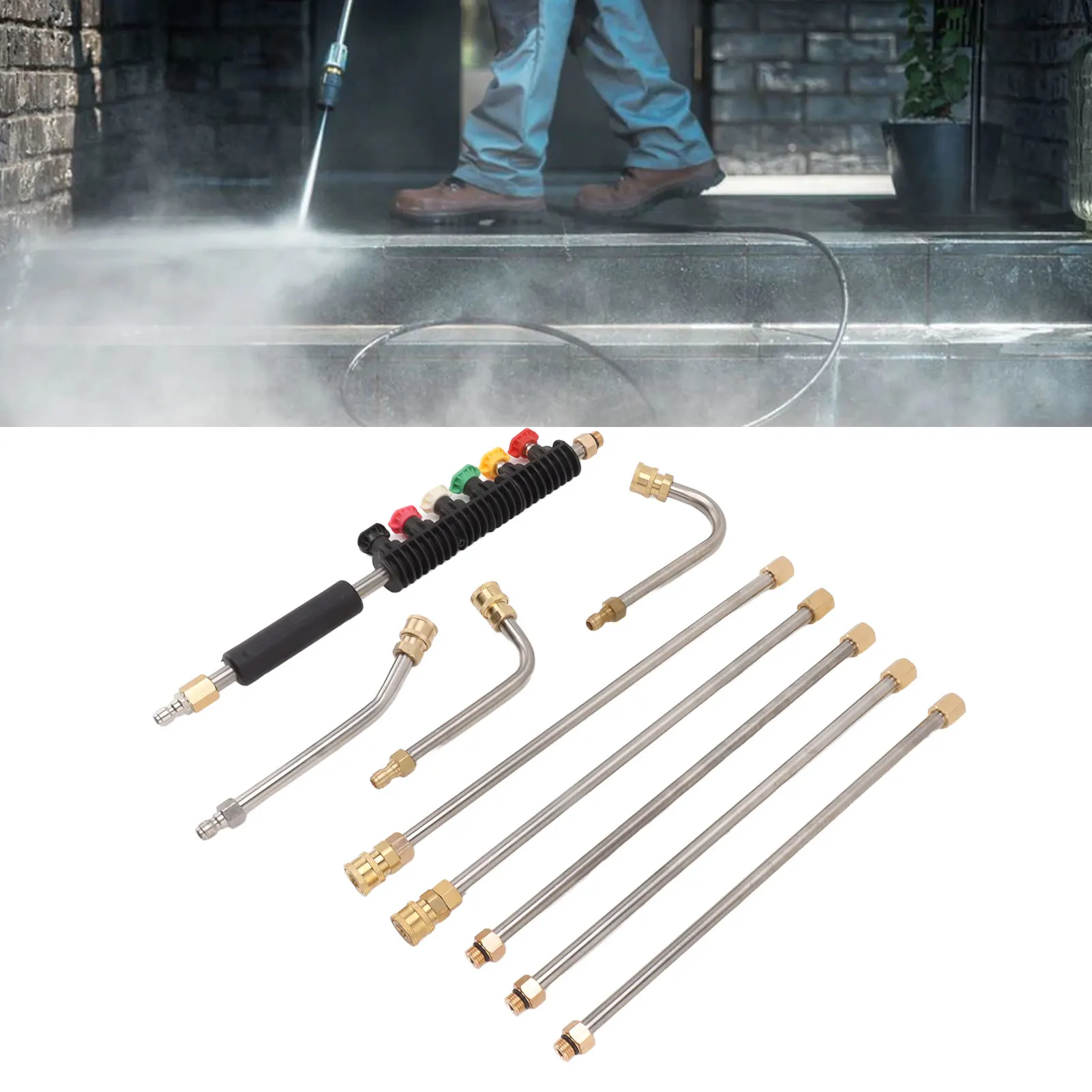 Pressure Washer Extension Wand 5 Straight Rod 3 Curve Rod Set Power Washer Lance with 6 Nozzles 1/4in Quick Connect