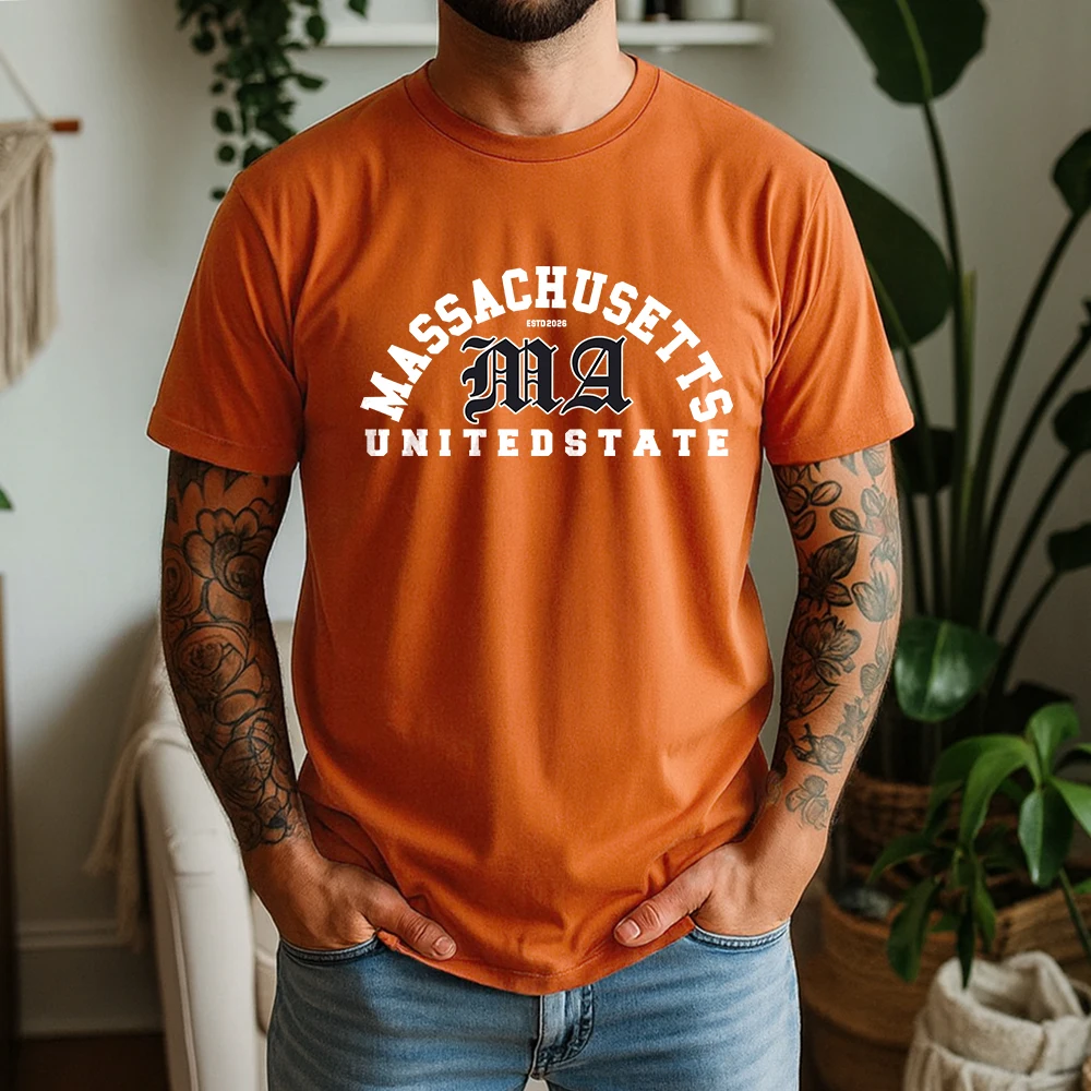 Mens 100% Cotton T Shirt MA Gothic Old English Blackletter Letter Print Breathable Short Sleeve Casual Daily Tee