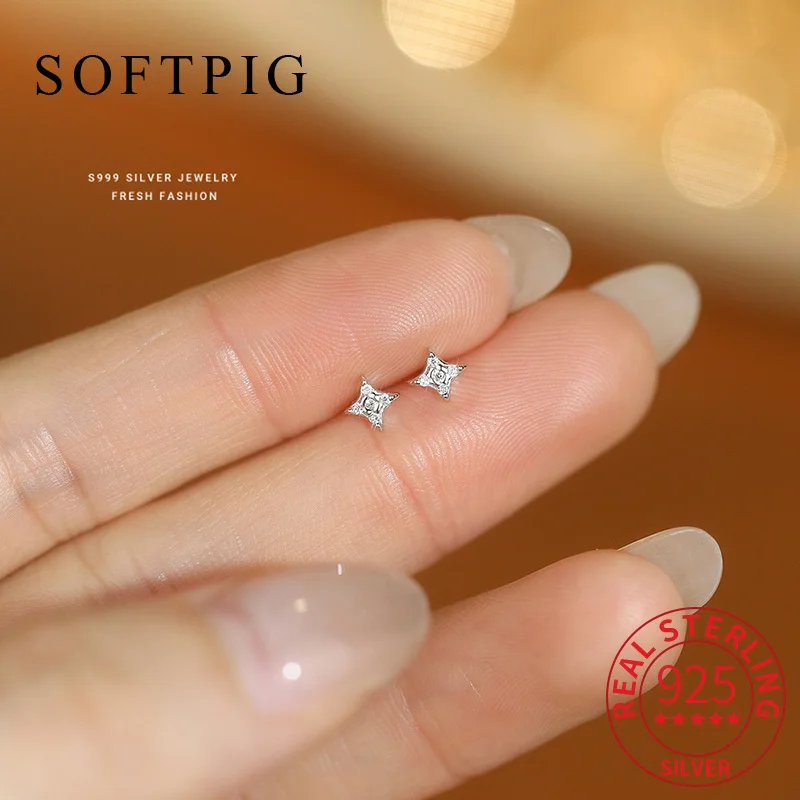 

SOFTPIG Real 925 Sterling Silver Sparkling Zircon Star Mini Stud Earrings For Women Cute Fine Jewelry Exquisite Accessories