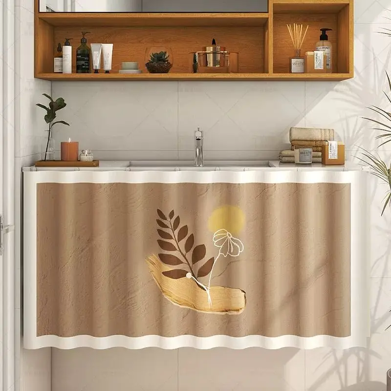 VIKAMA Botanical White Waves Bathroom Cabinet Curtain for Vanity Sink Cover Skirt Dust Proof Aesthetic Elegant Home Decor