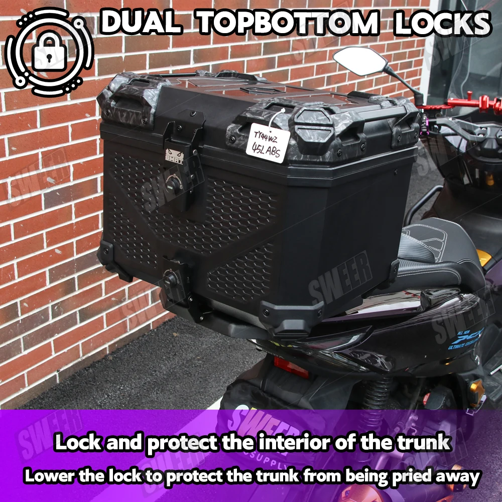 45L Universal Motorcycle Rear Top Case ABS Honeycomb Pattern Luggage Box Waterproof Motorbike Tail Box For Most Motorcycle ﻿