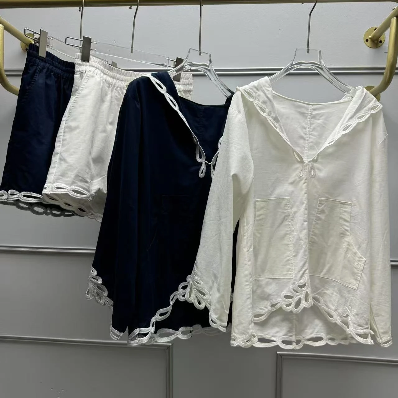 

Casual Loose Fit Embroidered Hooded irt And Elastic Waist orts Set French Sle Cotton Long Sve Summer Collection