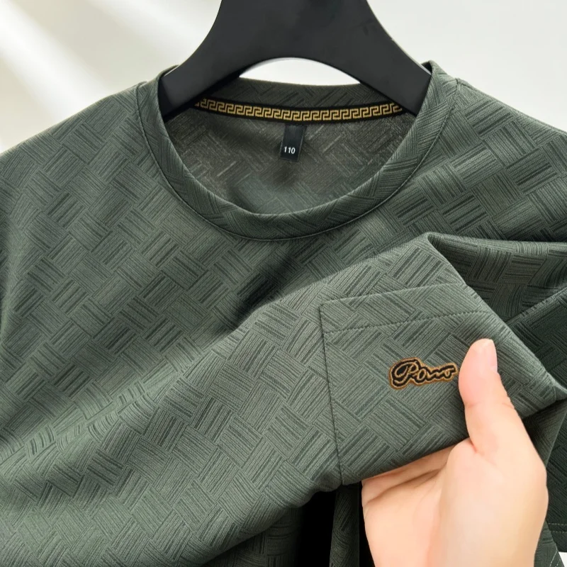 

Korean-Style Trend Men New Short-Sleeved T-Shirt Round Neck Real Pocket Letter Embroidery T-Shirt Fashion Leisure Men's Clothing