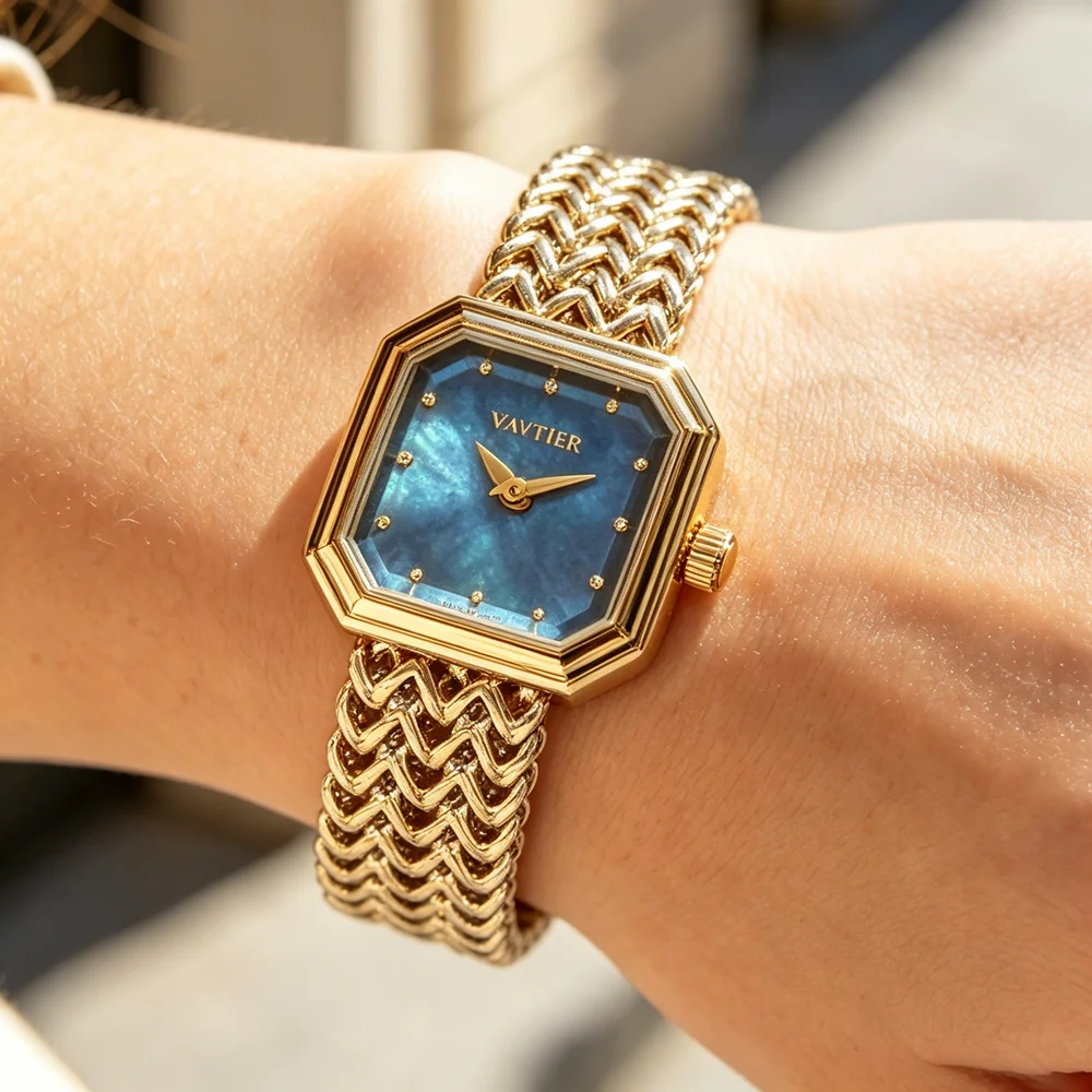 Luxury Ladies Octagonal Quartz Watch Shell Dial Wavy Mesh Steel Strap Vintage Waterproof Dress Wristwatch for Daily Party