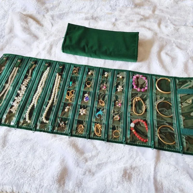 Dark green flannel jewelry bag, jewelry storage necklace, earrings, bracelets travel portability, large capacity for exhibitions