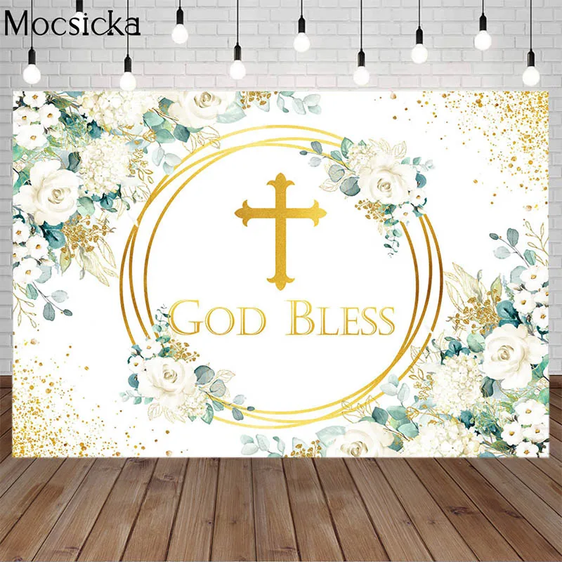 Newborn Baptism Backdrops God Bless Baby Shower First Holy Communion Photography Background Child Birthday Party Decor Photocall