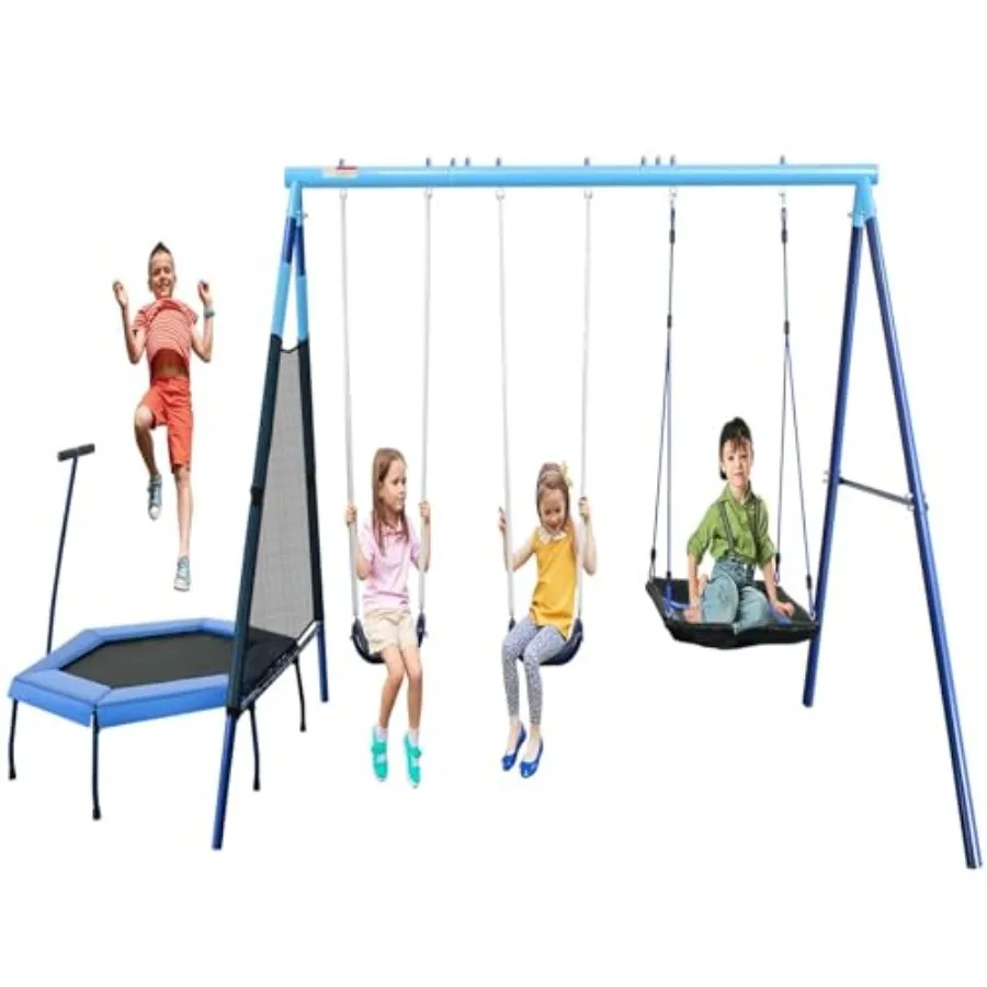 

Heavy-Duty Metal Swing Set with 47 Trampoline 2 Swing Seats Platform Swings - Outdoor Playset for and Adults Backyard Playgroun