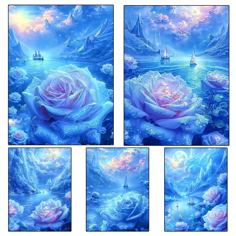 5D Diy Diamond Painting Blue Rose Flower Boat Mosaic Needlework Full Kits Embroidery Floral Home Decor Gift Rhinestones X1508