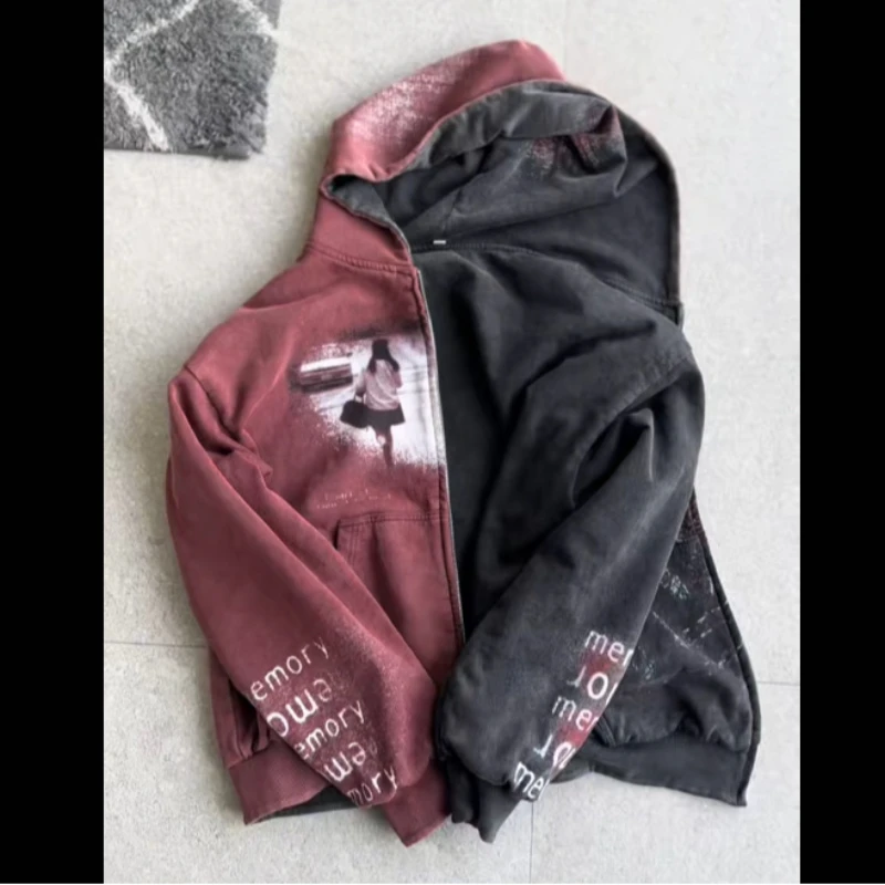 

Double-Sided Hooded Zipper Sweatshirt Autumn Winter American Printed Patchwork Cardigan Top Outerwear Insulated Casual Jacket