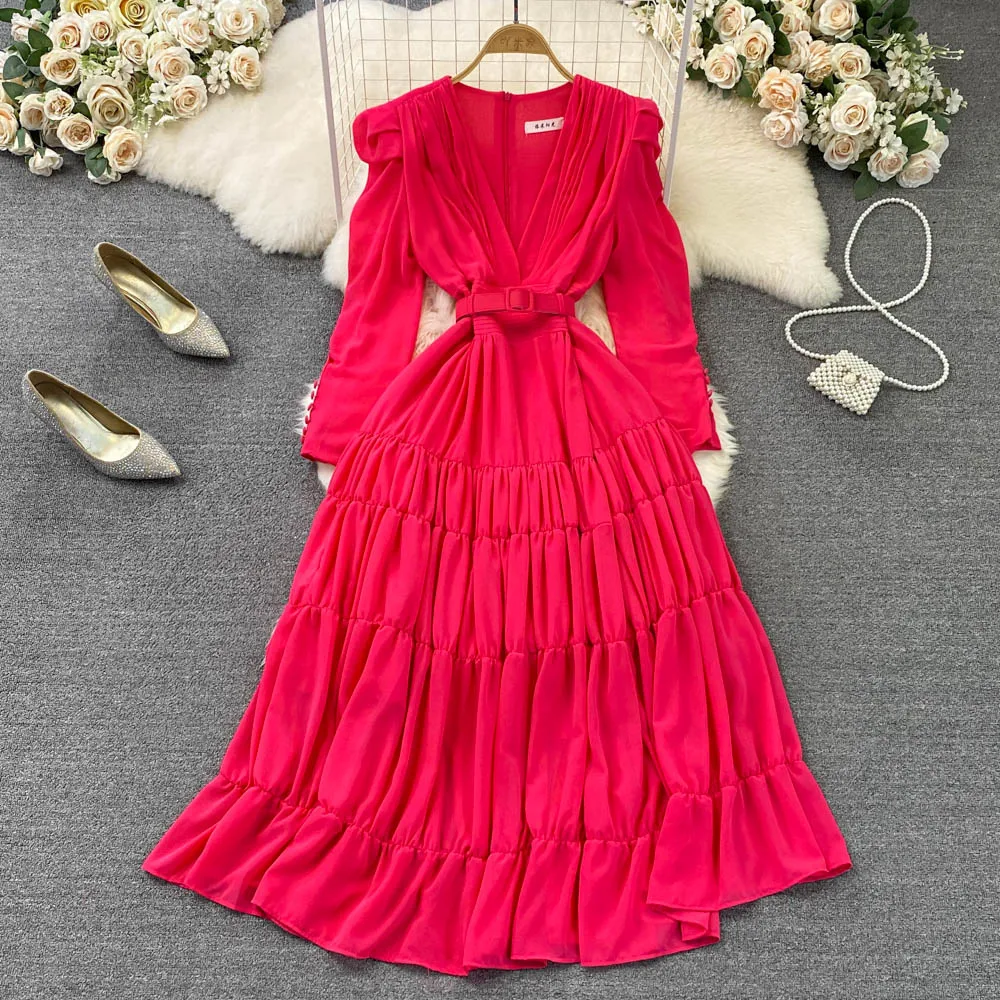 

New Spring Autumn Women Sexy V-Neck Long Sleeve Belt Slim Long Dress High Quality Fashion Folds Big Hem Evening Party Dress