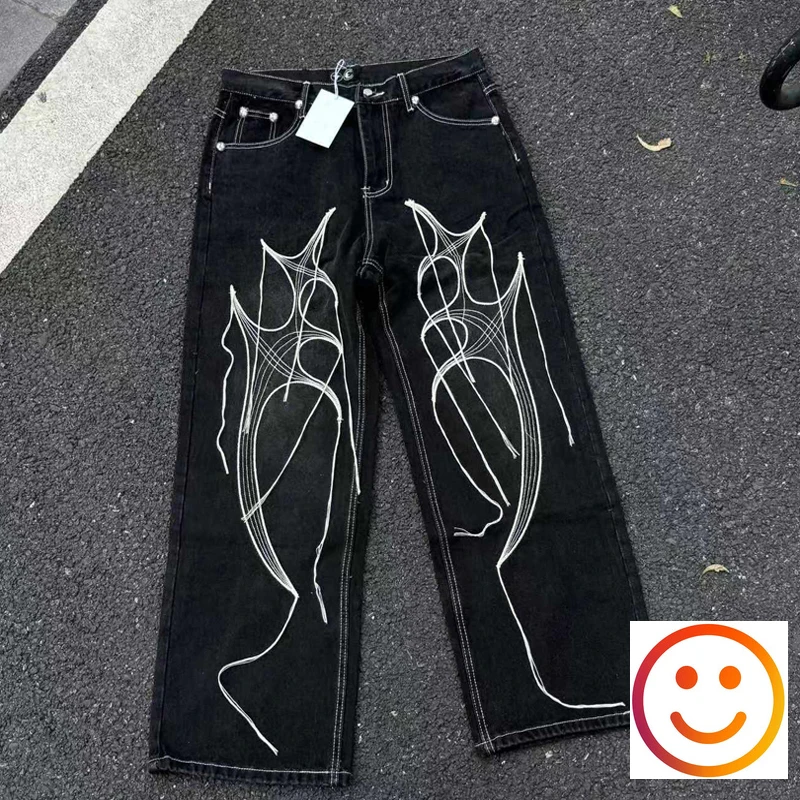 Washed Thug Club Emboridery Root Tassel Straight Jeans Men Women Hip Hop Casual High Quality Black Loose Denim Cowboy Pants