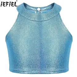 Kids Girls Metallic Shiny Jazz Dance Crop Top Sleeveless Keyhole Back Vest Tops Hip-hop Street Dancing Stage Performance Costume