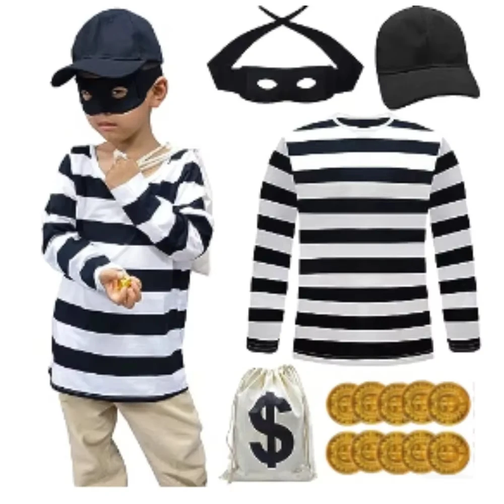 Movie Convict Thief Cosplay Costume Bank Robber Disguise T-shirt For Adults/Kids Halloween Carnival Party Clothes Role Play Tops