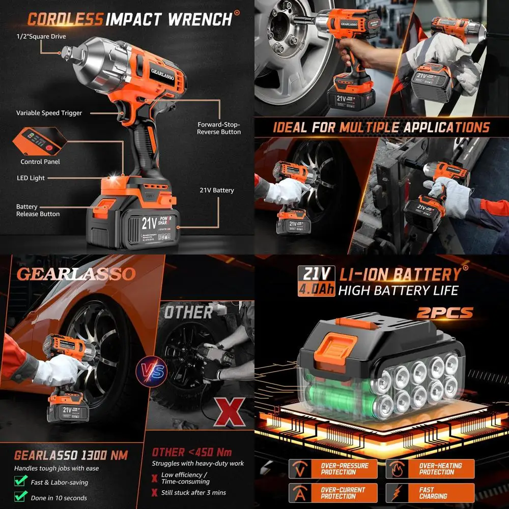 

1300N.m(960Ft-lbs) Cordless Impact Wrench 1/2" Brushless High Torque Impact Wrench with 2x 4.0Ah Batteries, 6 Sockets, Charger,