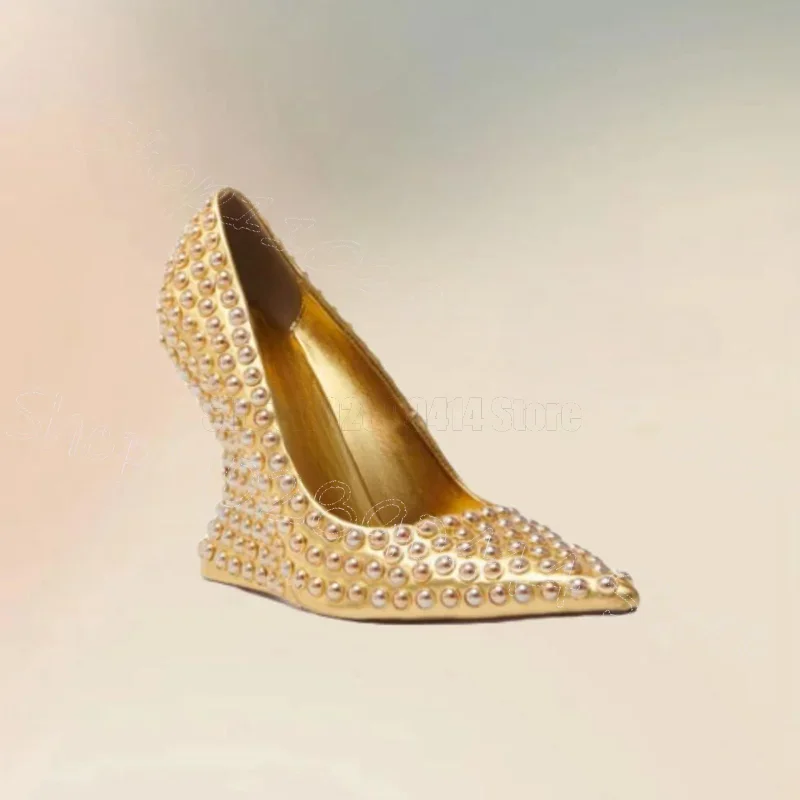 

Gold Round Rivets Decor Strange Style Heels Pumps Slip On Women Shoes Pointed Toe Party Banquet Dating 2025 Zapatos Para Mujere