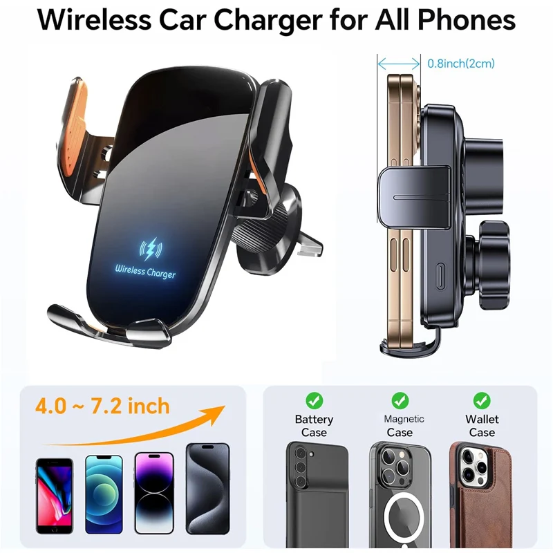 UYUXIO Manual Clamp Wireless Car Charger 15 Fast Charging Air Vent Car Mount Phone Holder for iPhone Samsung Android Phone - náhled 6