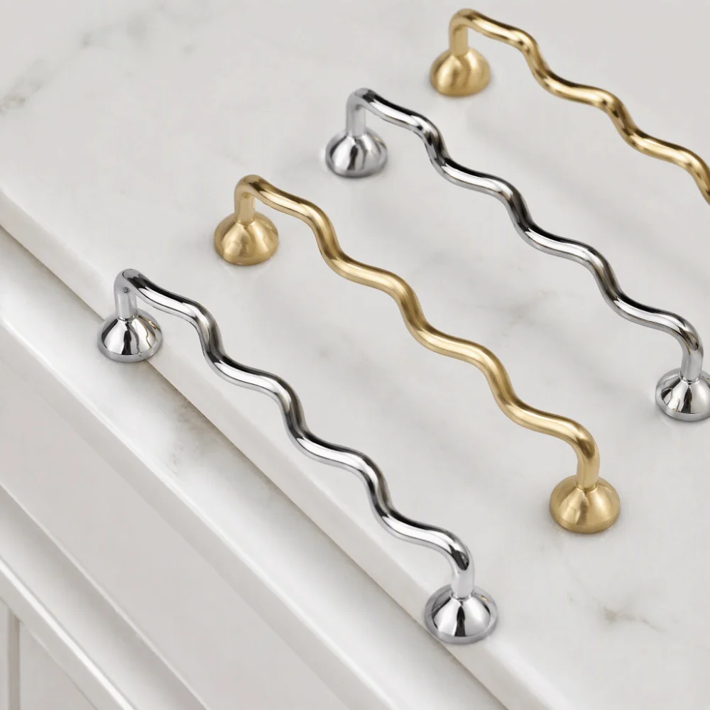Zinc Alloy Cabinet Door Handles Wave Shaped Bright Silver Furniture Knobs Irregular Shape Modern Minimalist Wardrobe Pulls