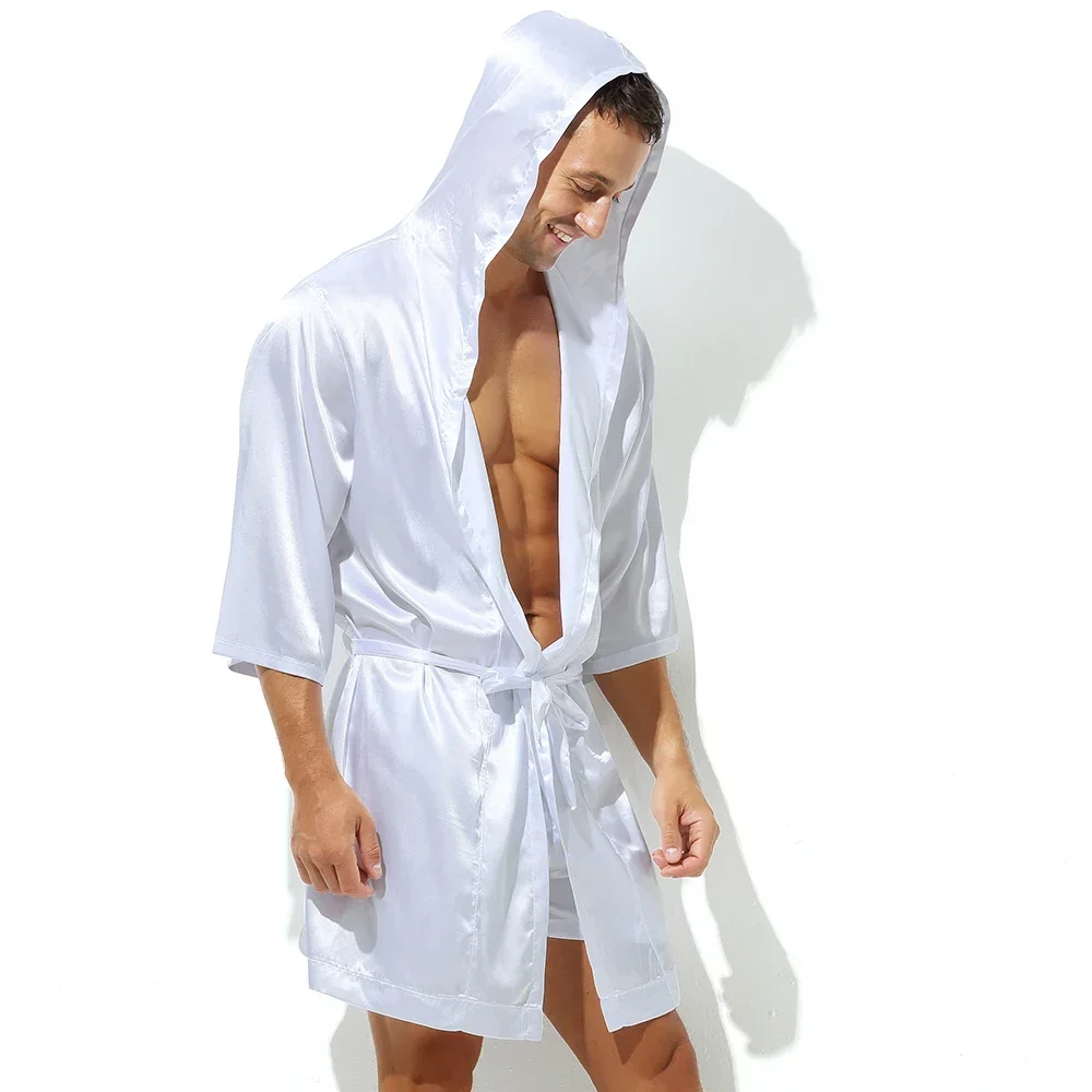 Men Hooded Robe Set Silk Satin Night Gown Sleep Bathrobe Matching Couple Party Groom Robe Pajama Sleepwear Breathable Loungewear view 6