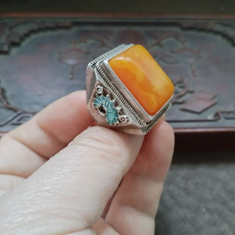 Vintage Tibetan Silver Ring with Patina, Inlaid Square Amber, Cloisonne Phoenix Design Band