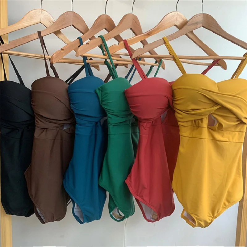 Korean Style One Piece Swimwear Women Padded Swimwear Solid Push Up Swimsuit Bathing Suit sexy Lady Monokini Beachwear Cut Out