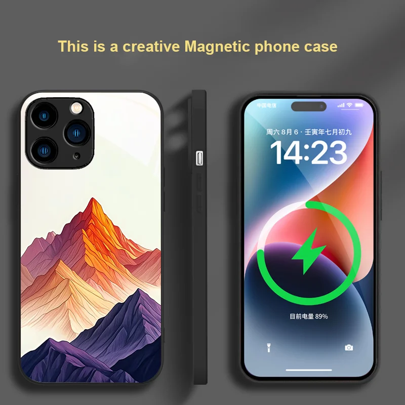 

Magnetic glass phone case suitable for iPhone 11 X XR 13 14 Pro MAX 15 12 16 Five color Mountain series printing dust protection